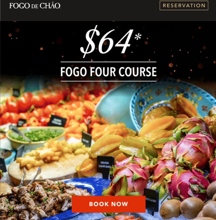 fogo de chao four course meal flyer featuring an array of delicious looking foods