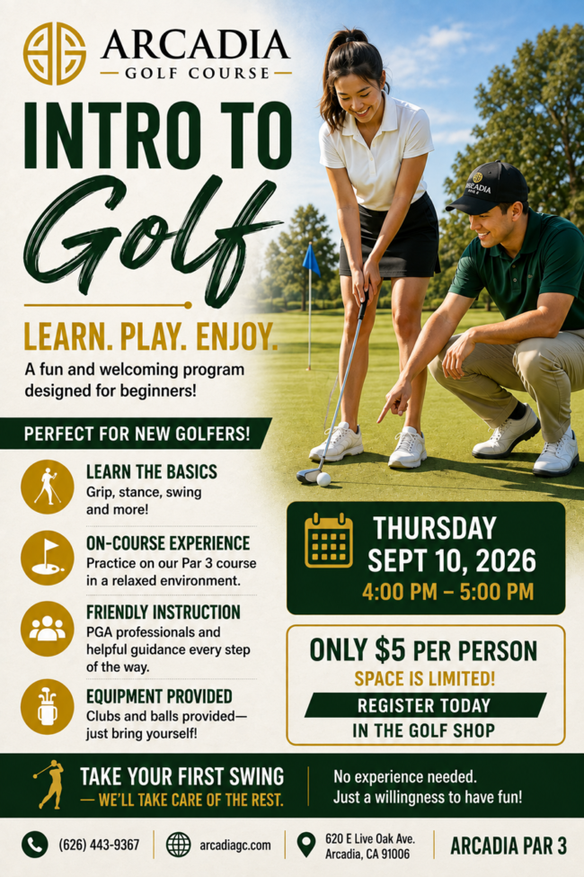 learn golf flyer arcadia par 3 leaen ti play golf flyer from Arcadia Par 3 golf courses
