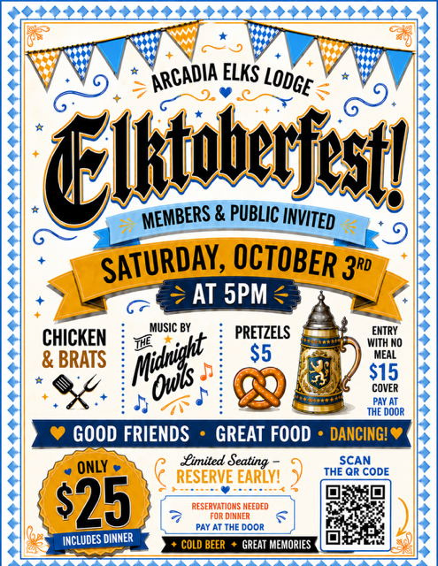 Arcadia Elks Lodge October fest event flyer 