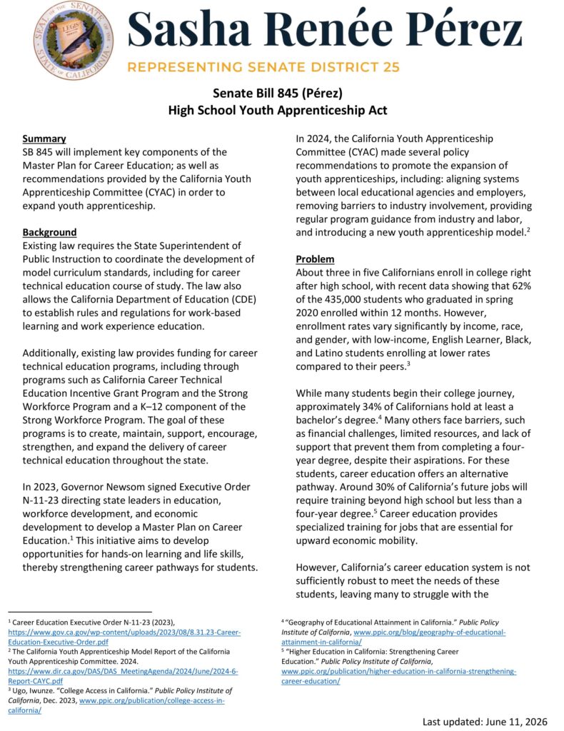 Senator Sasha Renee Perez High School Youth Apprenticeship Act info flyer