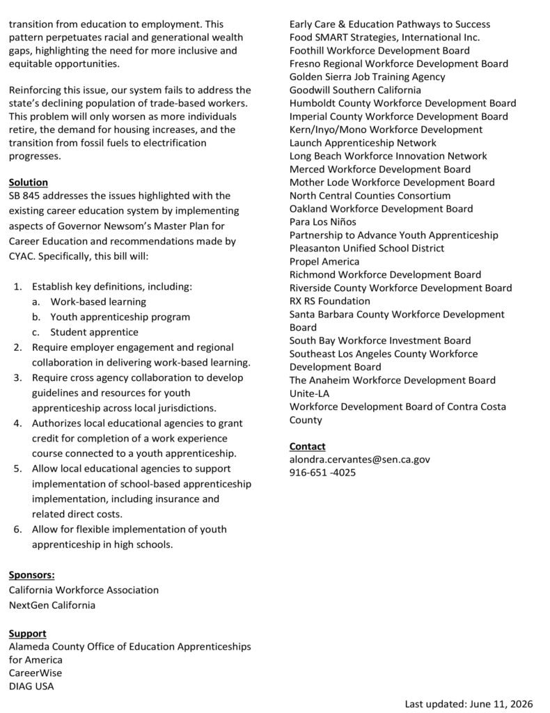 Senator Sasha Renee Perez High School Youth Apprenticeship Act info flyer
