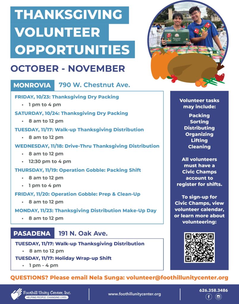 volunteer opportunities with Foothill Unity Center from October to November 