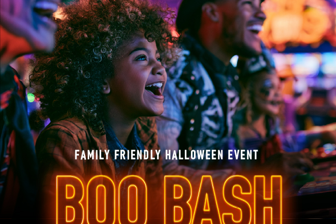 Dave & Buster's boo bash banner showing a woman and a man smiling
