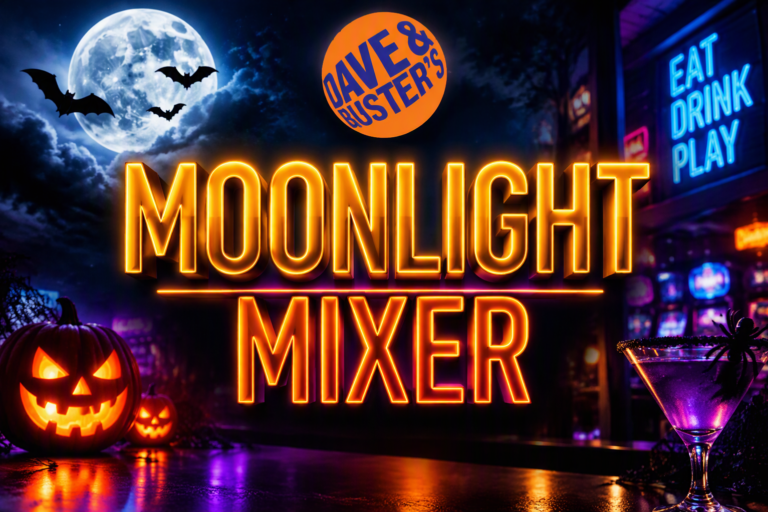 moonlight mixer at Dave & Buster's banner with Halloween images