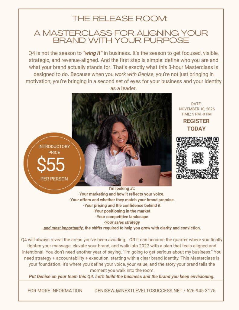 Next Level to Success release room masterclass flyer of information