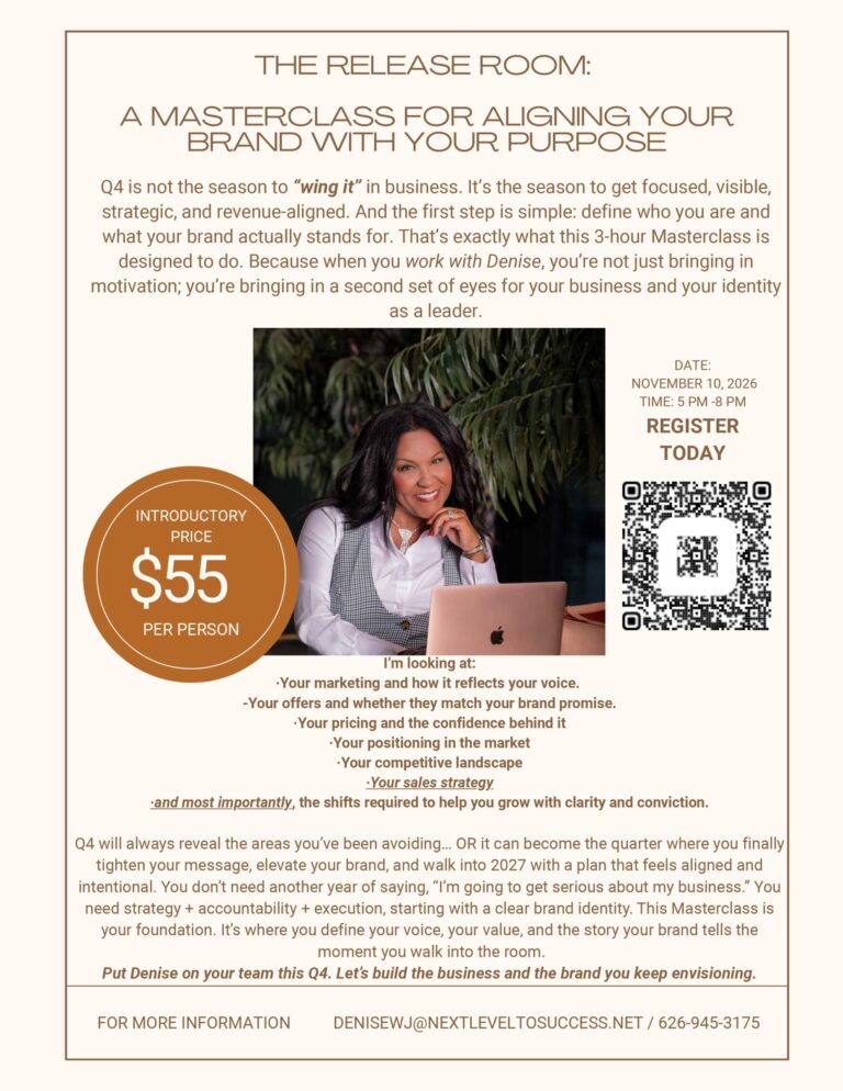 Next Level to Success release room masterclass flyer of information