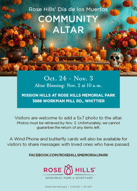 Rose Hills dia de los muertos community altar flyer 