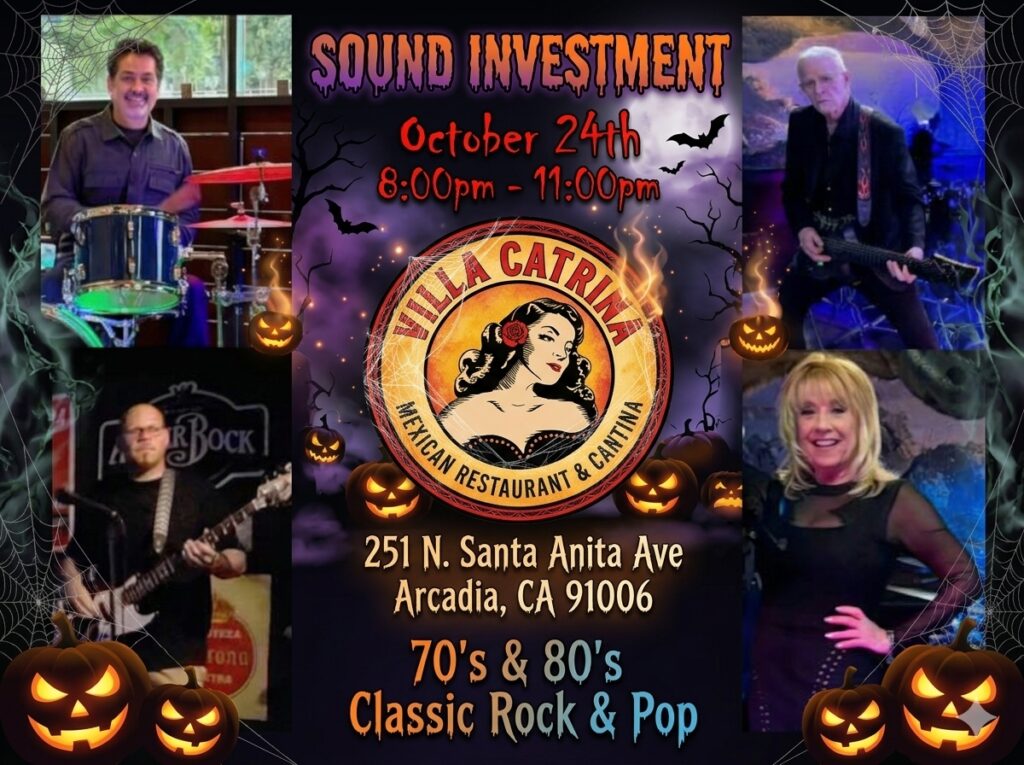 Halloween sound investment flyer from Villa Catrina with a collage of musicians playing various instruments 