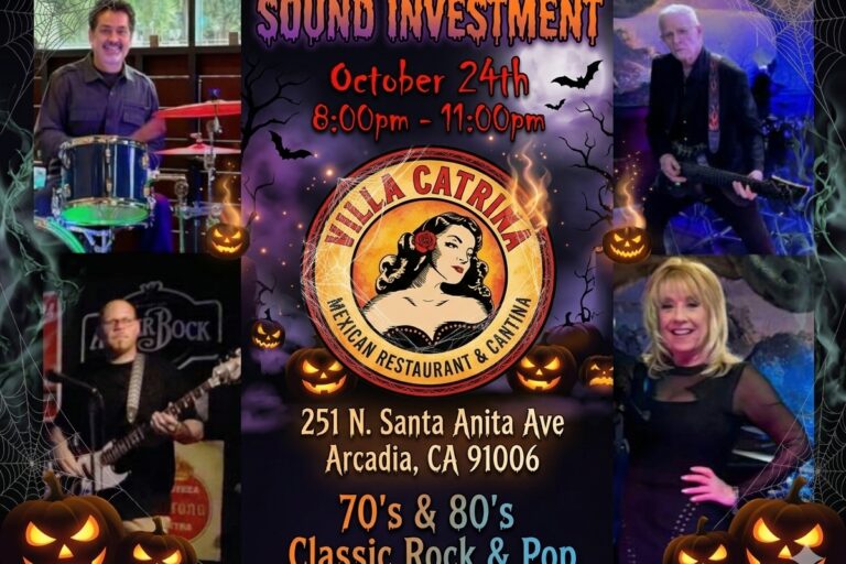 Halloween sound investment flyer from Villa Catrina with a collage of musicians playing various instruments